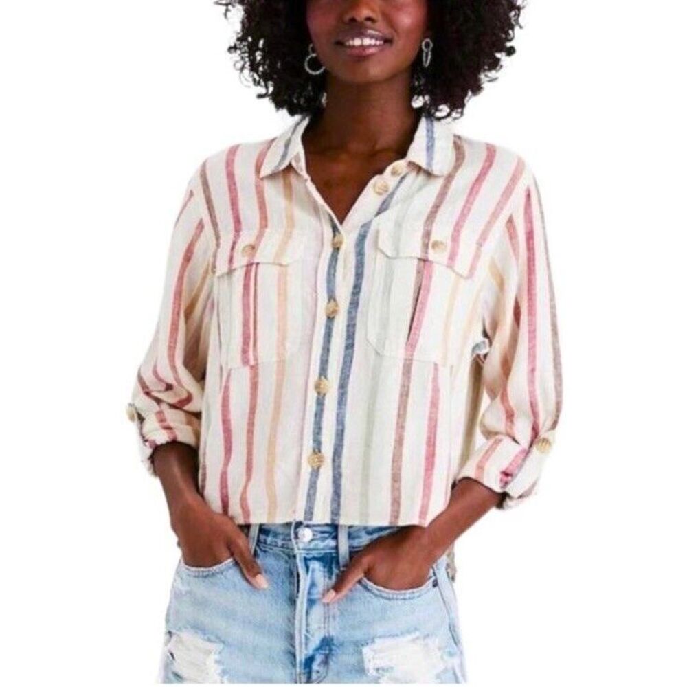 American Eagle Women Striped Linen Viscose Blend Button-Up Shirt XL Button New